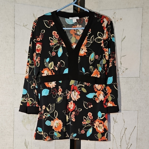 Dressbarn Black and Orange Graphic V-Neck Blouse - Picture 1 of 3